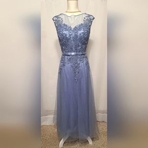 Pastel Blue Maxi Dress Princes Style Tulle Fabric Sparkling Floral Details
